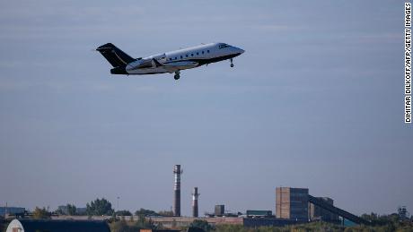 An air ambulance carrying Russian opposition leader Alexey Navalny departs the Siberian city of Omsk on Augus 22.