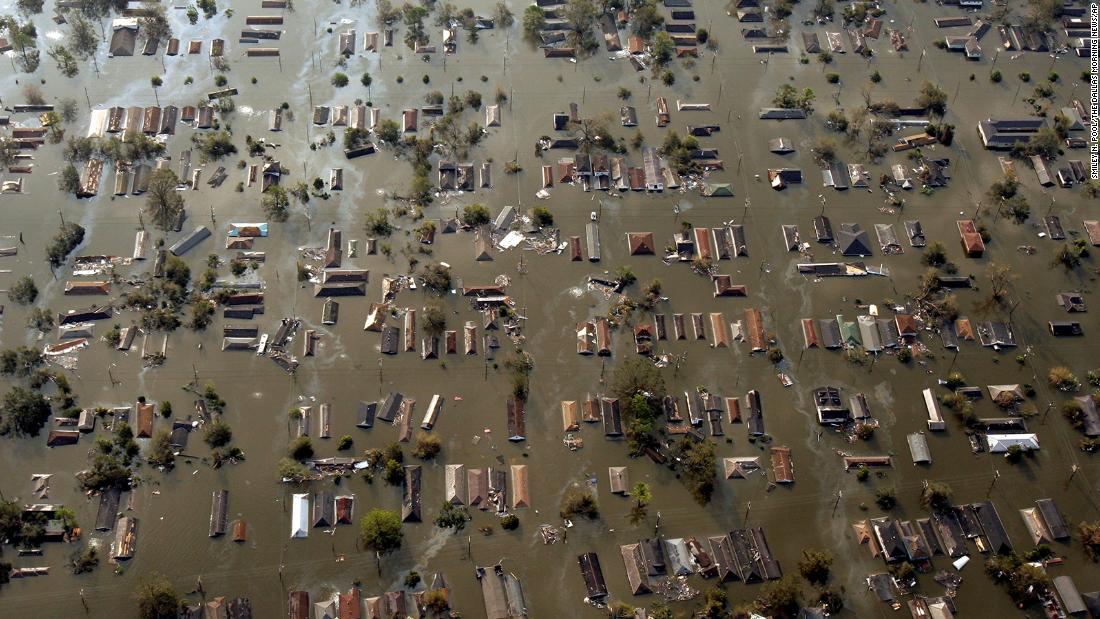 Water surrounds homes just east of downtown New Orleans the day after Hurricane Katrina made landfall in August 2005.