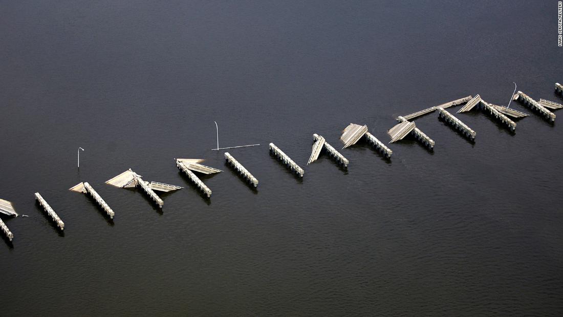 A section of the Mississippi bridge connecting Ocean Springs with Biloxi was wiped out by the storm.