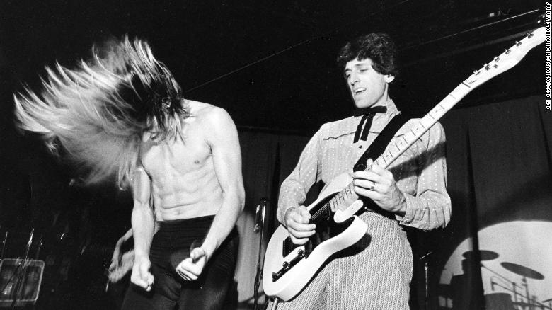 Anthony Kiedis, left, and Jack Sherman of the Red Hot Chili Peppers on stage in 1984