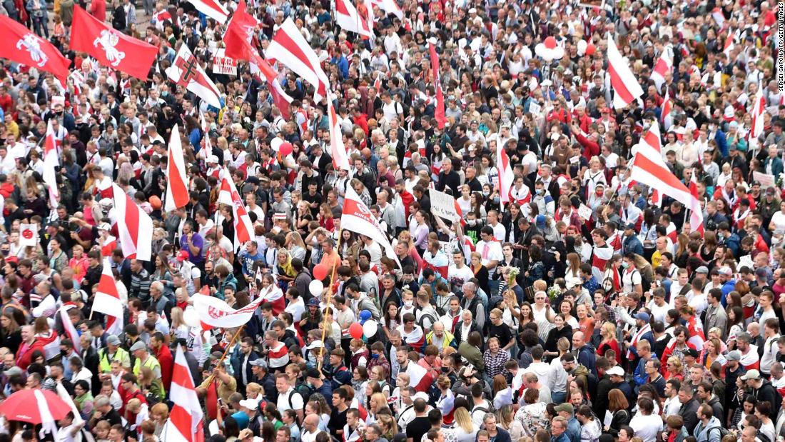 Opposition supporters protest against disputed election results in Minsk on August 23, 2020. 