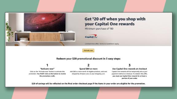 Targeted Capital One credit card holders can get $20 off a purchase of $80 or more at Amazon.