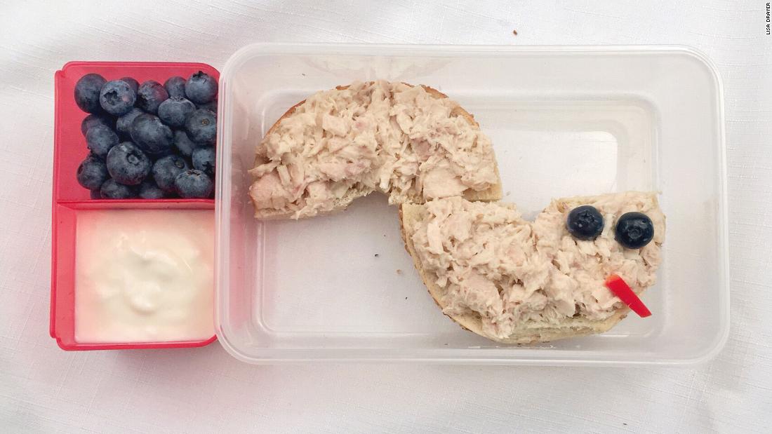 A &lt;a href=&quot;http://www.lisadrayer.com/kids-in-the-kitchen-bagel-snake/&quot; target=&quot;_blank&quot;&gt;bagel snake&lt;/a&gt; makes tuna fish salad way more fun to eat. Blueberries and yogurt round out this meal for little ones. 