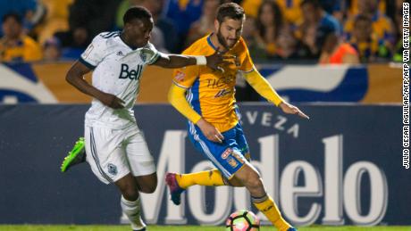 Alphonso Davies playing for Vancouver Whitecaps against Tigres in the CONCACAF Champions League.