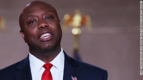 WASHINGTON, DC - AUGUST 24:  U.S. Sen. Tim Scott (R-SC) stands on stage in an empty Mellon Auditorium while addressing the Republican National Convention at the Mellon Auditorium on August 24, 2020 in Washington, DC.