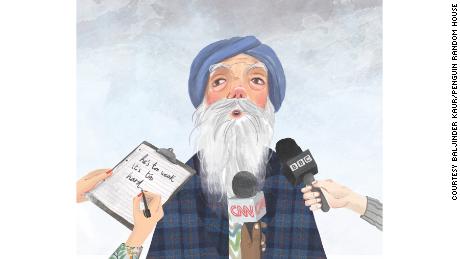 An illustration from the book &quot;Fauja Singh Keeps Going&quot; depicts the marathon runner answering questions from reporters.