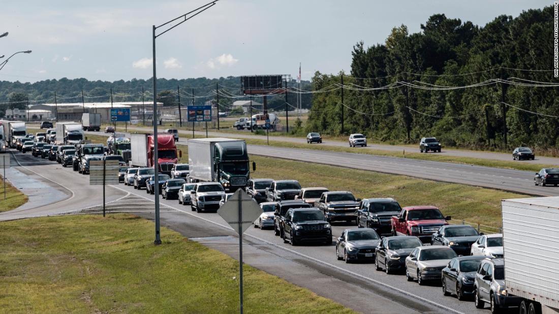 Traffic is at a near-standstill on Interstate 10 as people evacuate the region near Jennings, Louisiana, on August 25.