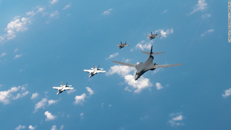 US Navy F/A-18s, Marine Corps F-35s and a US Air Force B-1B bomber conduct a large-scale joint and bilateral integration training exercise earlier this month.