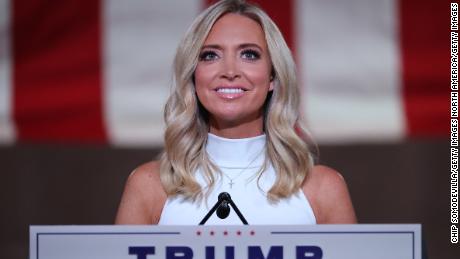 WASHINGTON, DC - AUGUST 26: White House Press Secretary Kayleigh McEnany pre-records her address to the Republican National Convention from inside an empty Mellon Auditorium on August 26, 2020 in Washington, DC. The novel coronavirus pandemic has forced the Republican Party to move away from an in-person convention to a televised format, similar to the Democratic Party&#39;s convention a week earlier. (Photo by Chip Somodevilla/Getty Images)