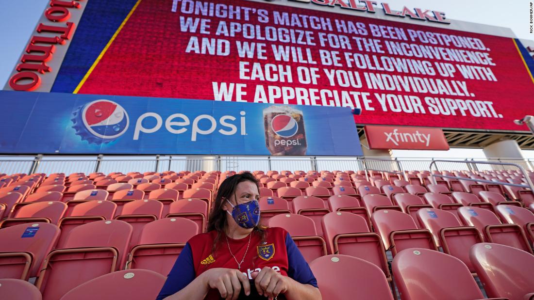 A Real Salt Lake fan sits in the stands after the Major League Soccer team had its game postponed on August 26.