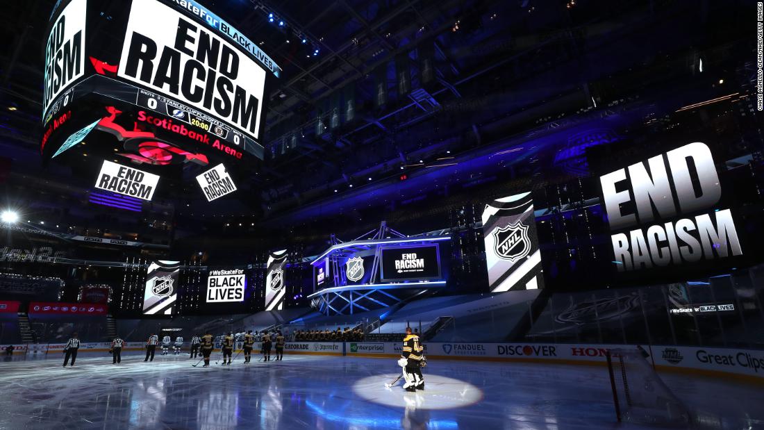 &quot;End racism&quot; banners are shown in Toronto&#39;s Scotiabank Arena before an NHL playoff game on August 26.