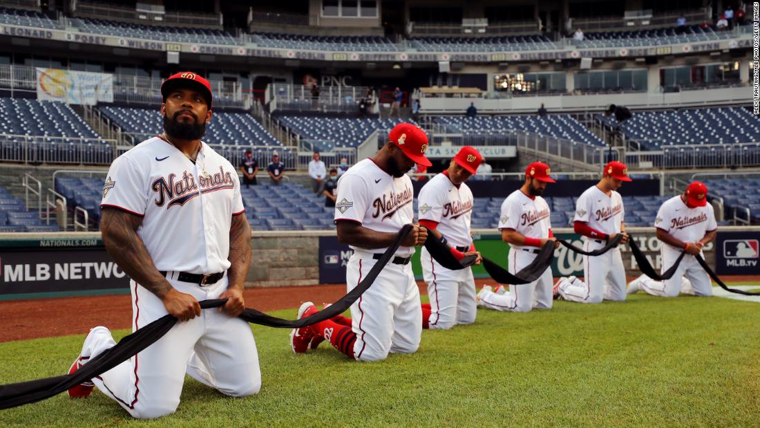 The Washington Nationals observe a moment of silence before &lt;a href=&quot;https://www.cnn.com/2020/07/22/us/gallery/baseball-begins-2020/index.html&quot; target=&quot;_blank&quot;&gt;Major League Baseball&#39;s opening game&lt;/a&gt; on July 23. Their opponents, The New York Yankees, also took a knee, and the initials BLM were on the pitcher&#39;s mound for the game.