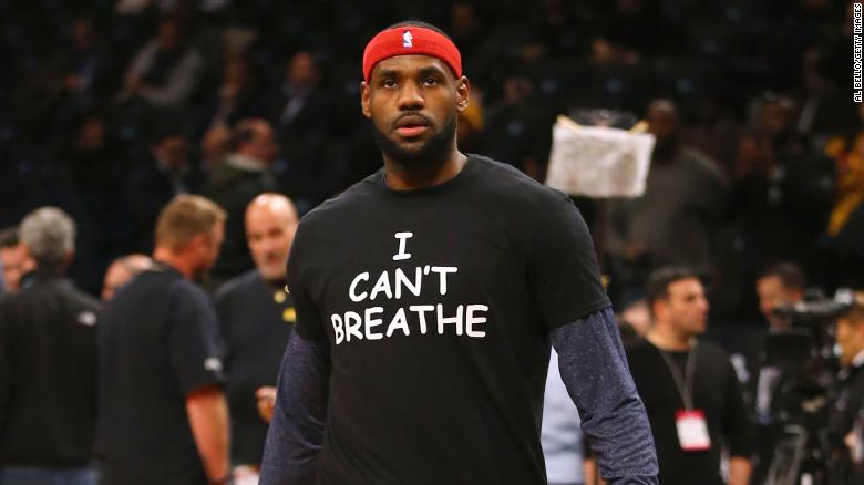 LeBron James wears an &quot;I Can&#39;t Breathe&quot; shirt, invoking the last words of Eric Garner, before a game in 2014.
