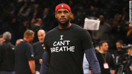 LeBron James wears an &quot;I Can't Breathe&quot; shirt, invoking the last words of Eric Garner, before a game in 2014.