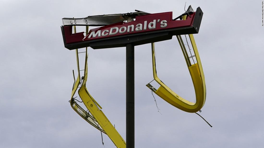 A McDonald&#39;s sign is damaged in Iowa, Louisiana, on August 27.