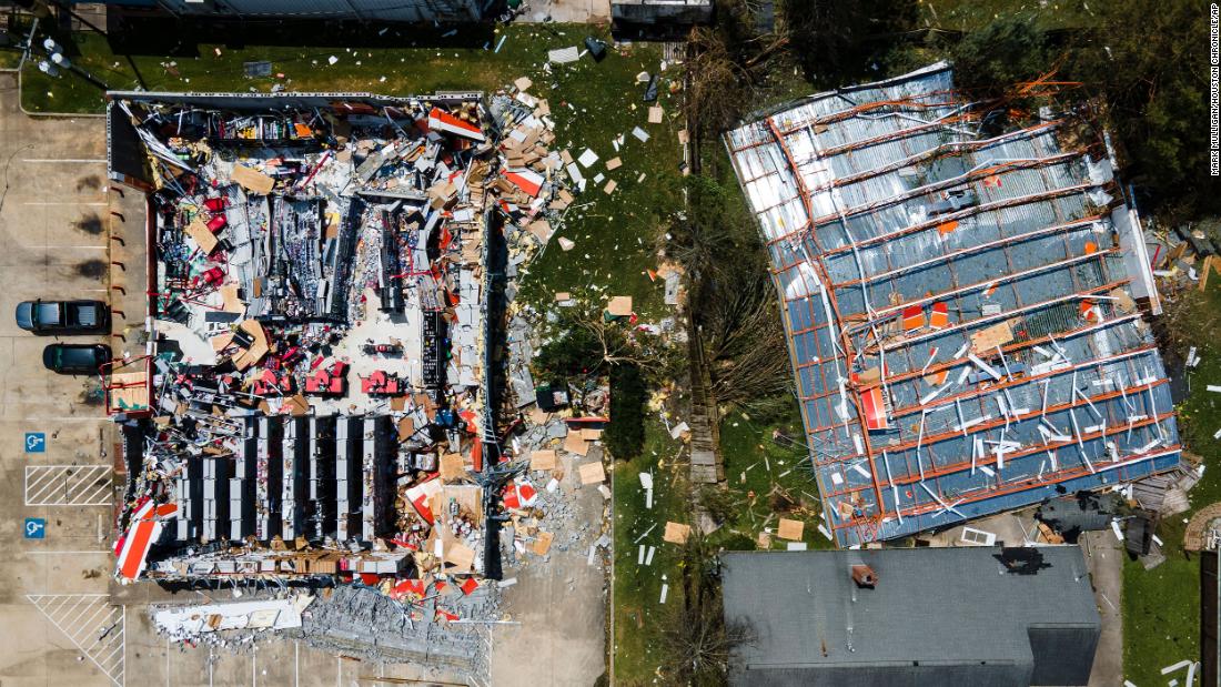 This aerial photo shows the roof blown off an AutoZone store in Lake Charles on August 27.