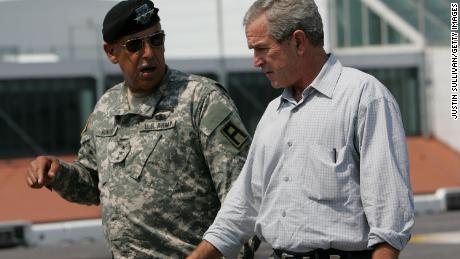 Lieutenant General Russel Honoré talks to then-President George W. Bush in New Orleans, three weeks after Hurricane Katrina, as Hurricane Rita threatened the same area.