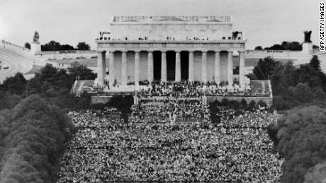 Hundreds of thousands of people gathered for the March on Washington for Jobs and Freedom at the Lincoln Memorial on August 28, 1963.