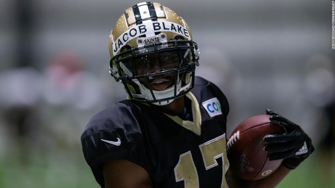 New Orleans Saints wide receiver Emmanuel Sanders wears Jacob Blake&#39;s name on his helmet during a practice on August 27.