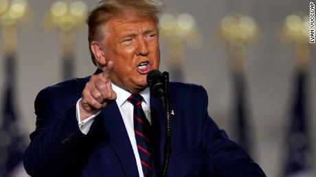 President Donald Trump speaks from the South Lawn of the White House on the fourth day of the Republican National Convention, Thursday, August 27 in Washington.