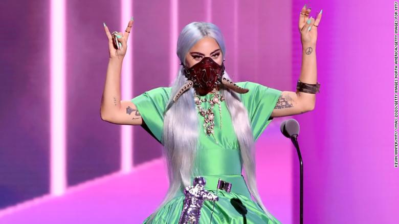 Lady Gaga accepts the Song of the Year award for &quot;Rain on Me&quot; onstage during the 2020 MTV Video Music Awards, which was broadcast on Sunday, August 30 2020.