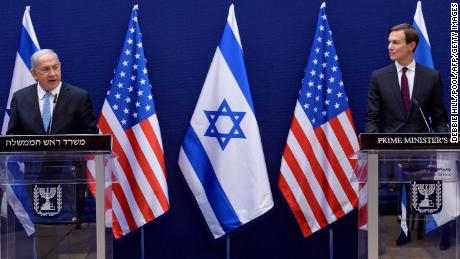 Israeli Prime Minister Benjamin Netanyahu, left, and Kushner make joint statements to the press in Jerusalem on Sunday ahead of Monday&#39;s historic flight.