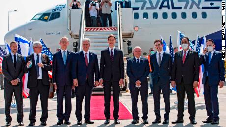 The delegation in front of El Al flight LY971 at Ben-Gurion Airport in Tel Aviv, Israel, on Monday.