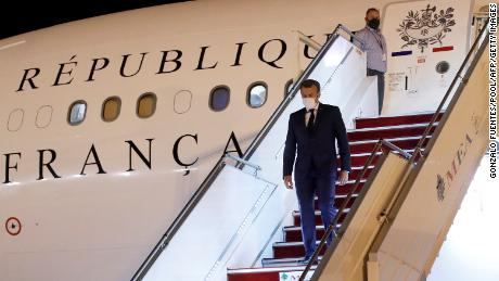 Macron arrives at Beirut International Airport on August 31, 2020. 