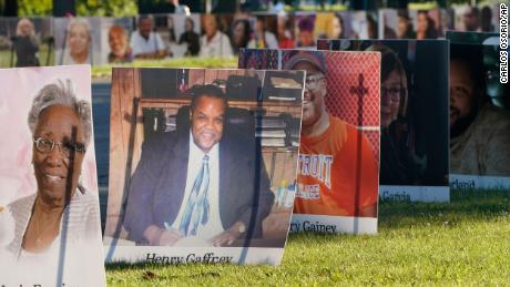 Some of the nearly 900 large poster-sized photos of Detroit victims of COVID-19.