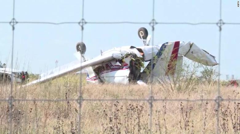 The scene of a plane crash at Coulter Airfield in Bryan, Texas, on August 30, 2020.