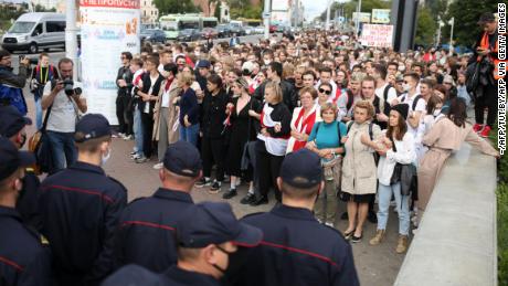 Students gathering to march against the Belarusian presidential election results in Minsk on Tuesday. 