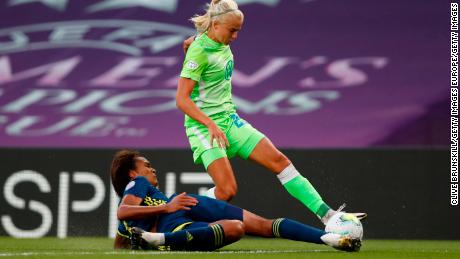 Harder is talked by Wendie Renard of Lyon during the UEFA Women&#39;s Champions League Final.