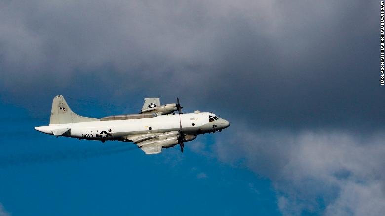 A US Navy EP-3E reconnaissance plane flies over the Mediterranean Sea in 2019.