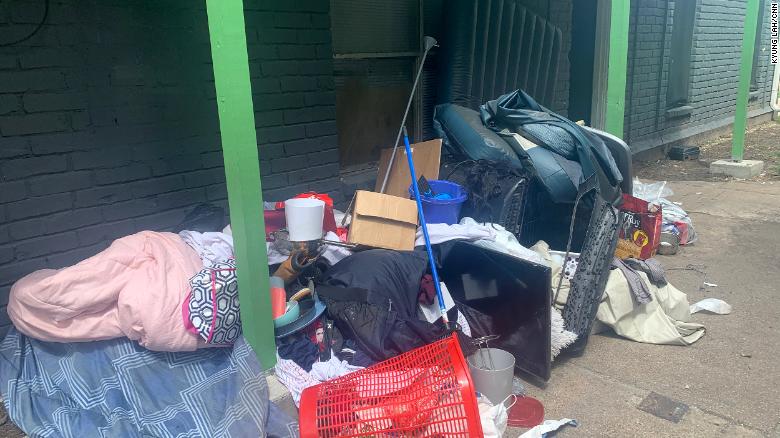 Belongings are piled outside an apartment in Houston. When the eviction takes place, everything gets put out and if unclaimed, it's all thrown away.