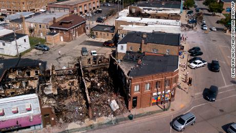 This Aug. 28 aerial photo shows damage to businesses in Kenosha.