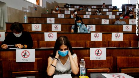 Socially distanced students take an aptitude test for the University of Medicine in Rome, Italy, on September 3.