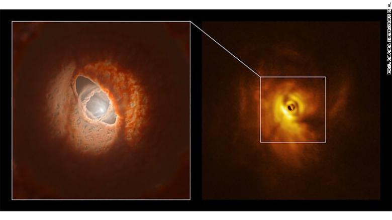 An artist&#39;s illustration, left, helps visualize the details of an unusual star system, GW Orionis, in the Orion constellation. The system&#39;s circumstellar disk is broken, resulting in misaligned rings around its three stars.