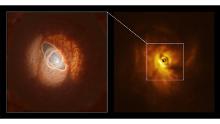 An artist&#39;s illustration, left, helps visualize the details of an unusual star system, GW Orionis, in the Orion constellation. The system&#39;s circumstellar disk is broken, resulting in misaligned rings around its three stars.