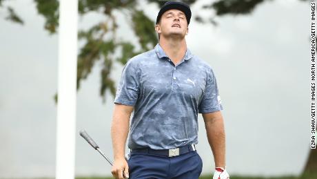DeChambeau reacts to his drive on the 16th hole during the final round of the 2020 PGA Championship.