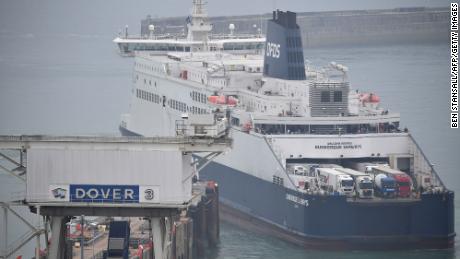 A ferry docks at the port of Dover in southeast England on August 14.