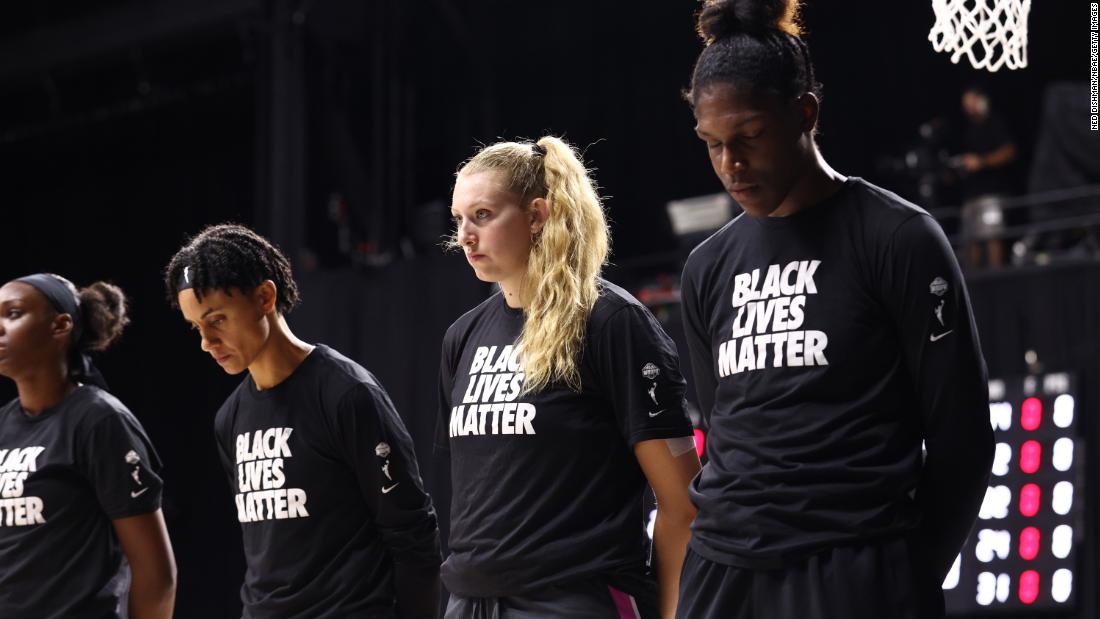 Members of the WNBA&#39;s Indiana Fever wear Black Lives Matter shirts before their game against the Chicago Sky on August 31.