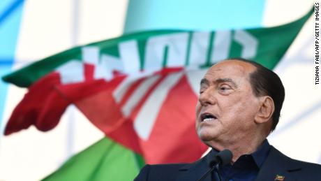 Leader of Italy&#39;s liberal-conservative party Forza Italia, Silvio Berlusconi speaks during a rally of Italy&#39;s far-right League party, conservative Brothers of Italy party and Forza Italia party against the government on October 19, 2019, in Rome.