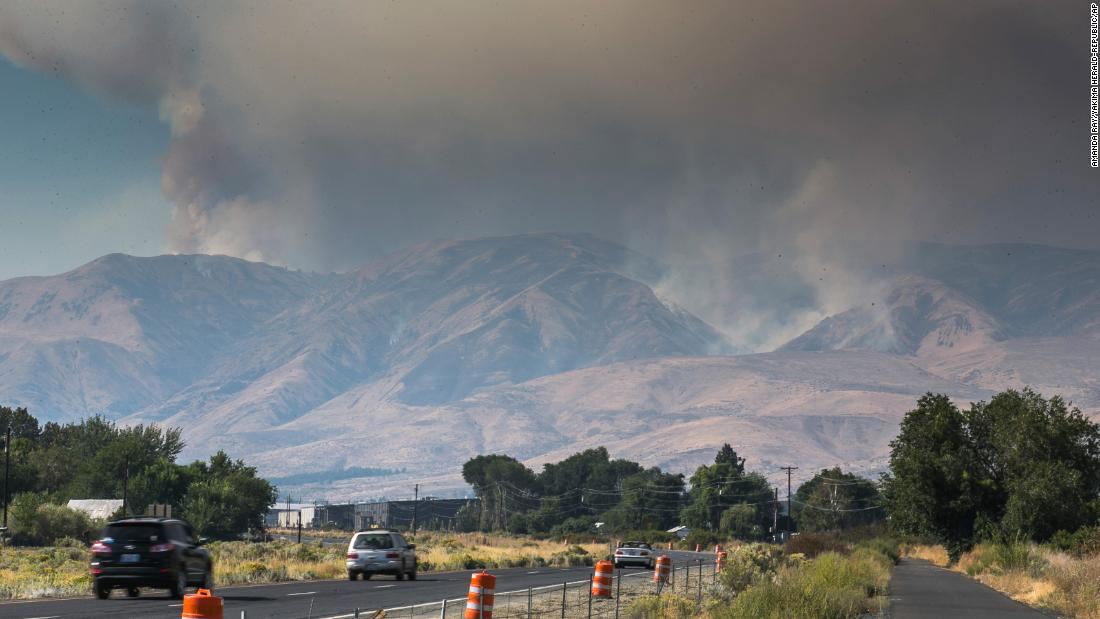 Haze and smoke blanket the sky near Naches, Washington, as the Evans Canyon Fire burns on September 3, 2020.