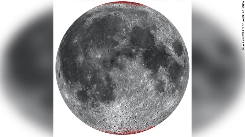 An enhanced map of hematite (dust) on the moon, shown in red using a spheric projection of the nearside.
Image Courtesy: The University of Hawaiʻi at Mānoa 