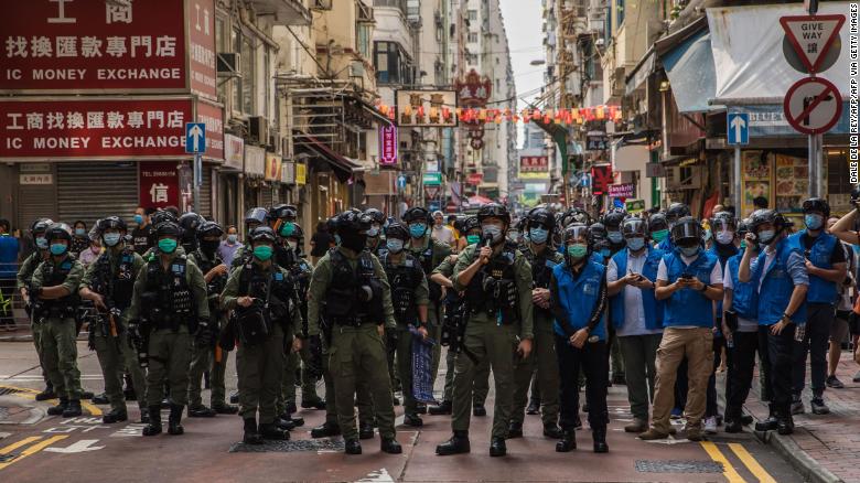 Police patrol in Hong Kong on September 6, 2020 amid protests over the government&#39;s decision to postpone elections due to coronavirus, and the national security law.