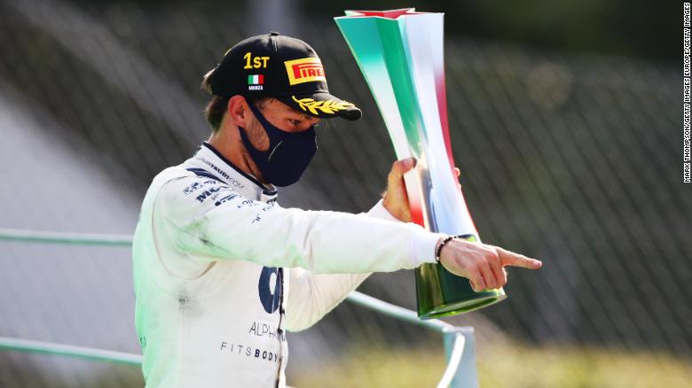 Pierre Gasly celebrates his first ever race win in Formula One.