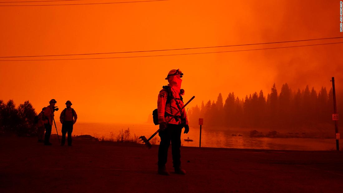 A firefighter watches the advancing Creek Fire in Shaver Lake.