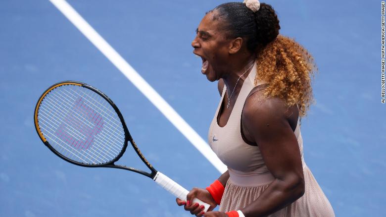 Serena Williams lets out a roar of excitement after forcing Maria Sakkari into an error to win Monday's match. 