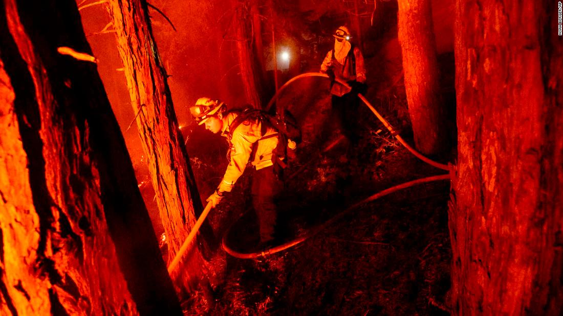 Firefighter Nick Grinstead battles the Creek Fire in Shaver Lake, California, on September 7, 2020.