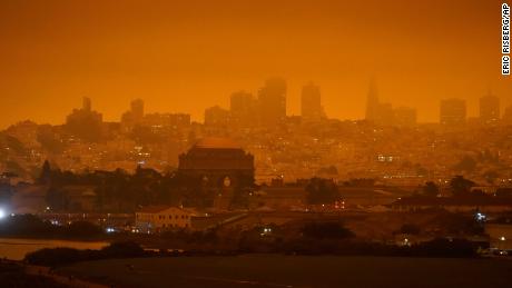 The skyline in the distance behind Crissy Field is barely visible with smoke from wildfires Wednesday, Sept. 9, 2020, in San Francisco. (AP Photo/Eric Risberg)